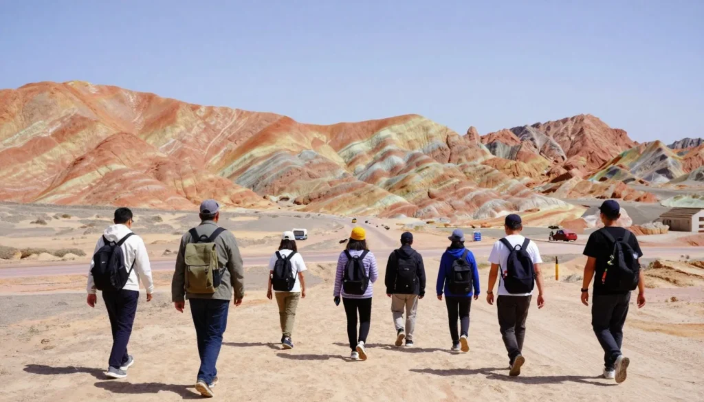 Visitors walking on desert path toward Seven Magic Mountains Visitors walking on desert path toward Seven Magic Mountains