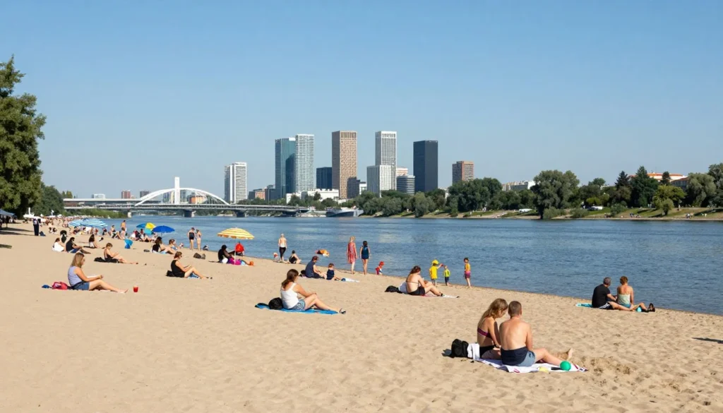 Vistula River beach scene with people relaxing on sandy riverbank with city in background