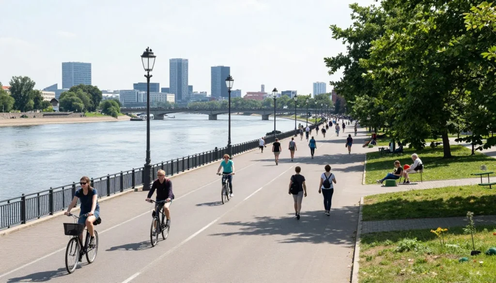 Vistula River boulevards with people cycling and walking along the waterfront promenade