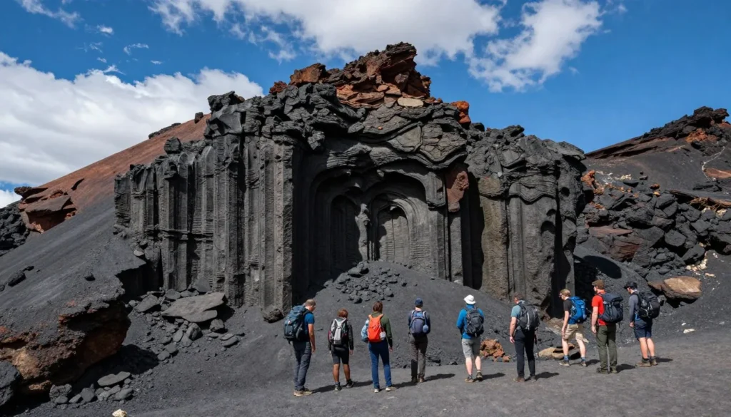 Volcanic rock formations with hikers exploring Volcanic rock formations with hikers exploring