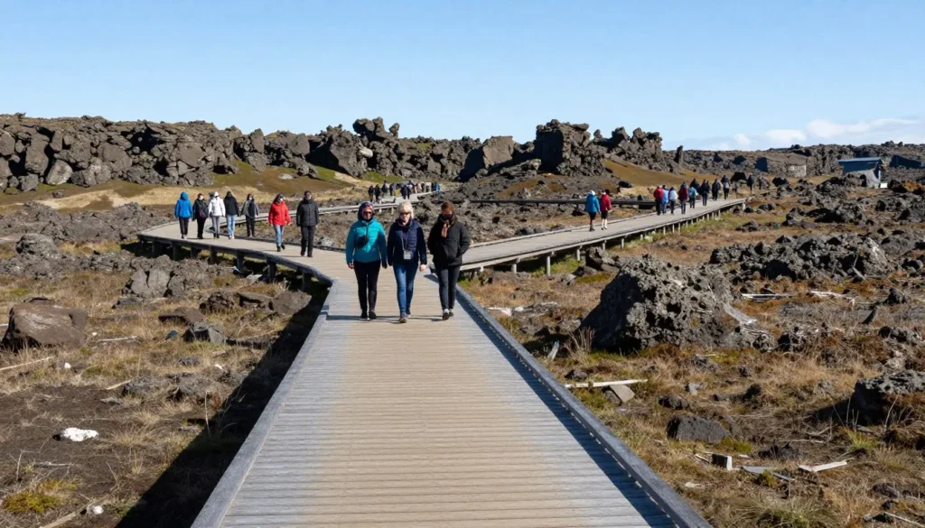 Walking path at Thingvellir National Park Iceland with wooden boardwalks Walking path at Thingvellir National Park Iceland with wooden boardwalks