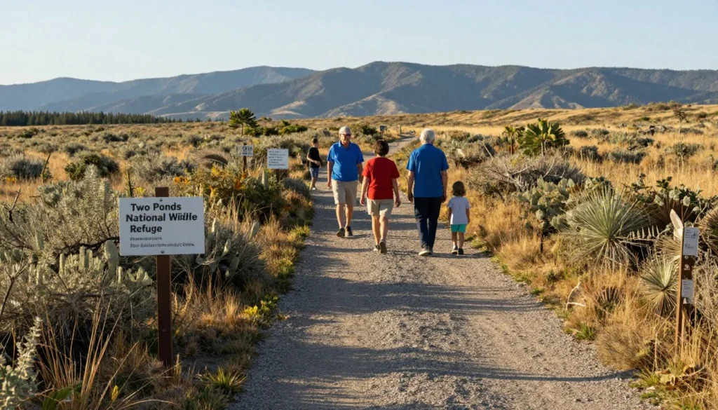 Walking trail at Two Ponds National Wildlife Refuge with visitors Walking trail at Two Ponds National Wildlife Refuge with visitors