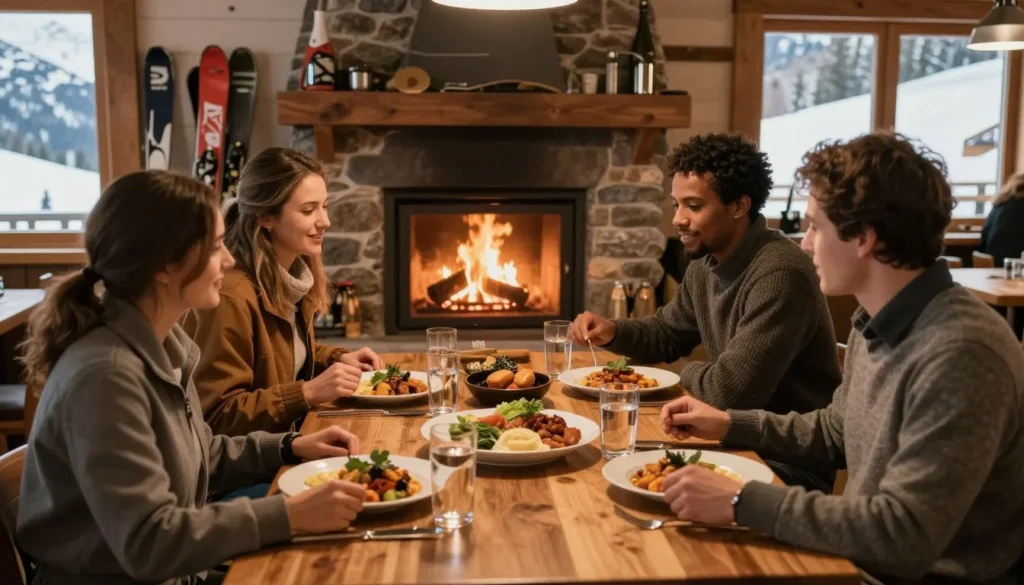 Warm mountain restaurant interior with diverse diners enjoying meals near fireplace