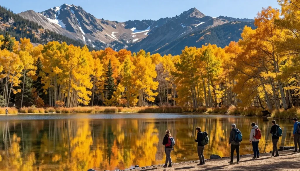 Warner Lake surrounded by aspen trees with golden fall colors