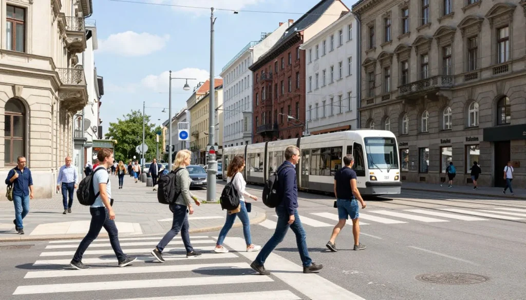 Warsaw city street scene showing pedestrians crossing at a busy intersection safely