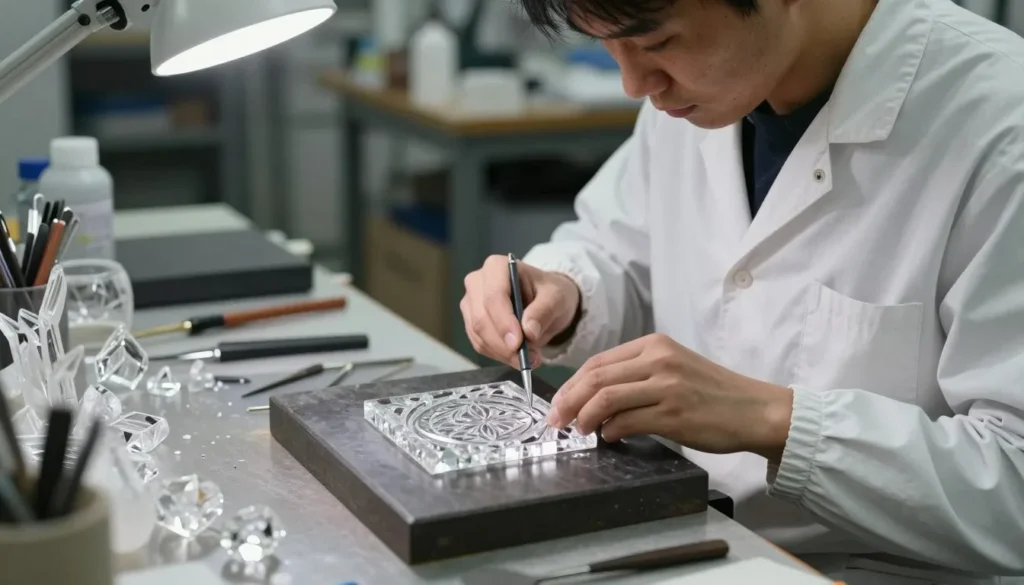 Waterford Crystal artisan carefully cutting intricate pattern into crystal piece in factory workshop