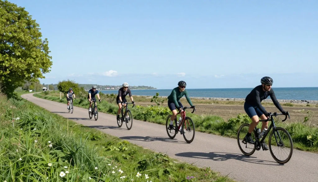 Waterford Greenway cycling trail on a sunny spring day with diverse group of cyclists riding along the scenic coastal path