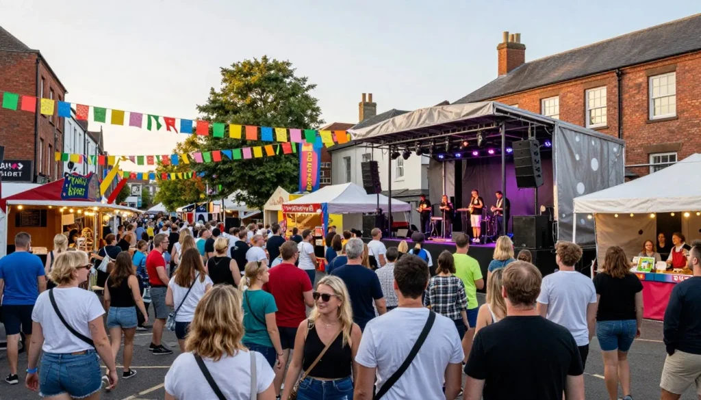 Waterford city festival scene with diverse crowd enjoying live music performance on outdoor stage during summer evening