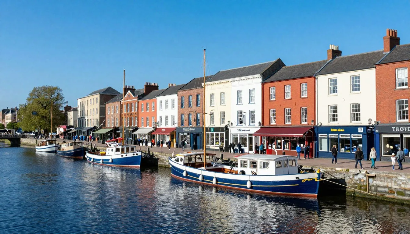 Waterford-city-waterfront-showcasing-colorful-Georgian-buildings-along-the-River-Suir-with Waterford city waterfront showcasing colorful Georgian buildings along the River Suir with boats moored at the quay