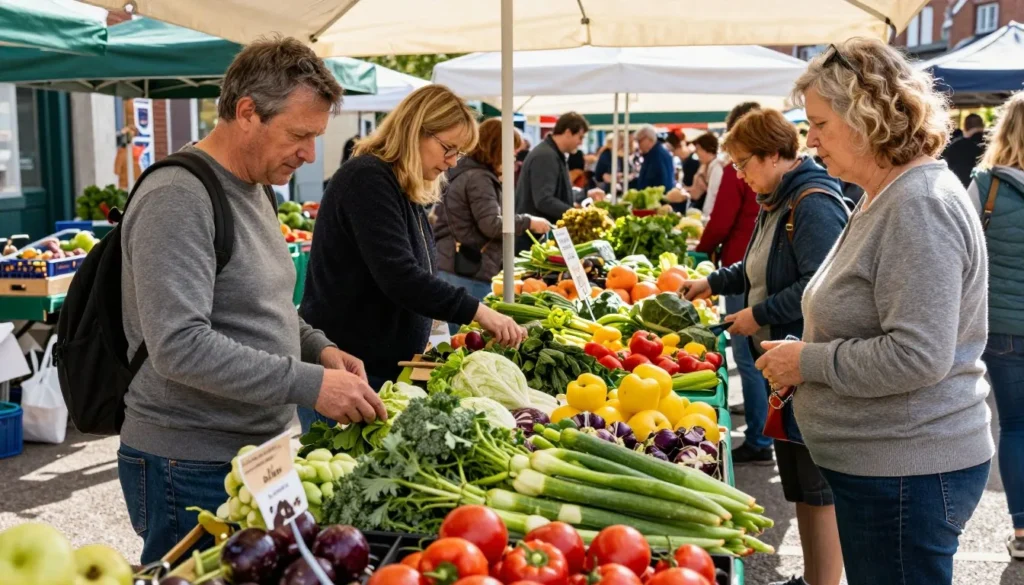 Waterford outdoor farmers market with diverse shoppers browsing fresh local produce and artisan goods
