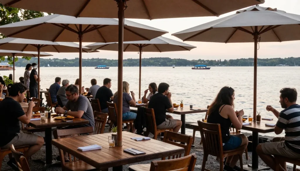 Waterfront dining area with Tennessee River views Waterfront dining area with Tennessee River views