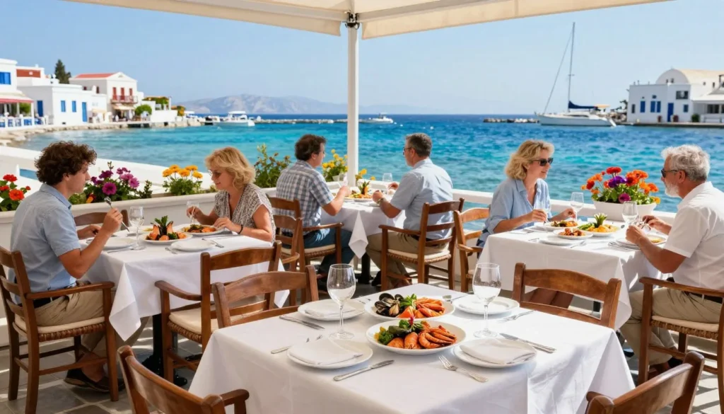 Waterfront restaurant terrace with fresh seafood dishes and Mediterranean sea views