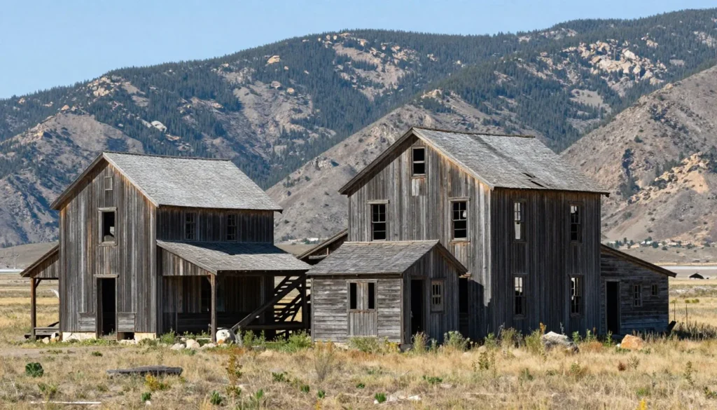 Weathered wooden mining structures in alpine setting with mountains