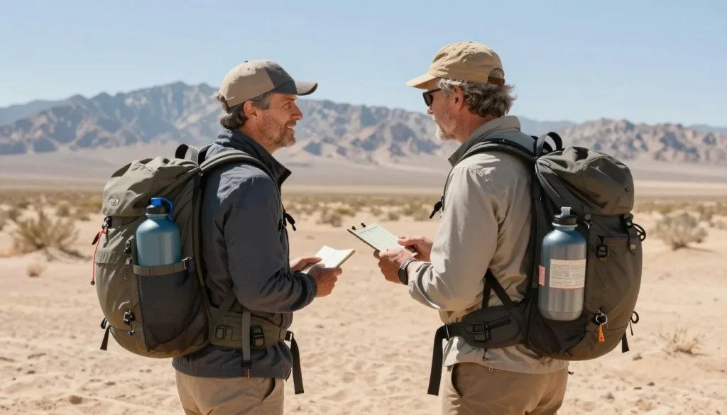 Well-equipped desert travelers with safety gear
