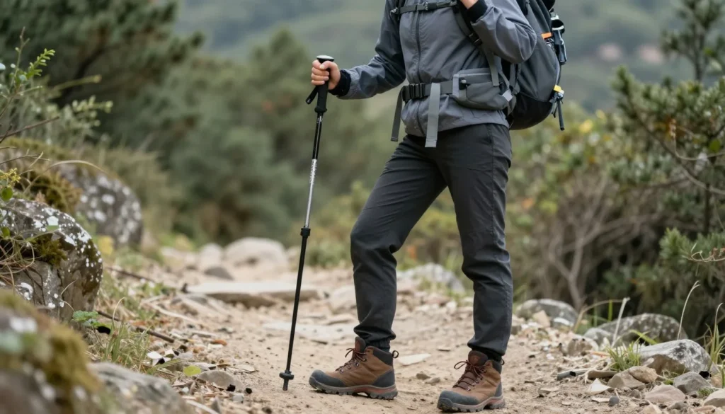Well-equipped hiker with safety gear on mountain trail