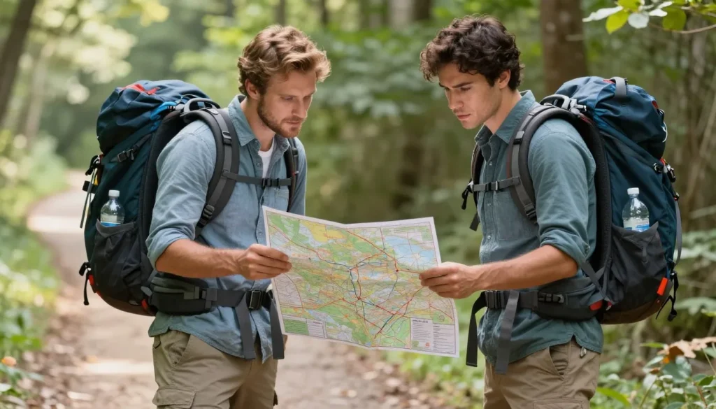 Well-equipped hikers checking trail map in Smoky Mountains Well-equipped hikers checking trail map in Smoky Mountains