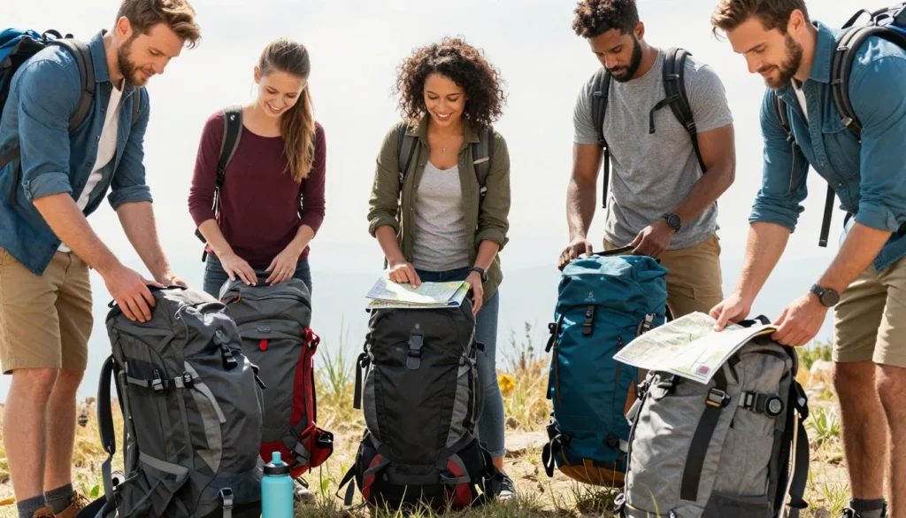 Well-equipped traveler preparing for outdoor activities Well-equipped traveler preparing for outdoor activities
