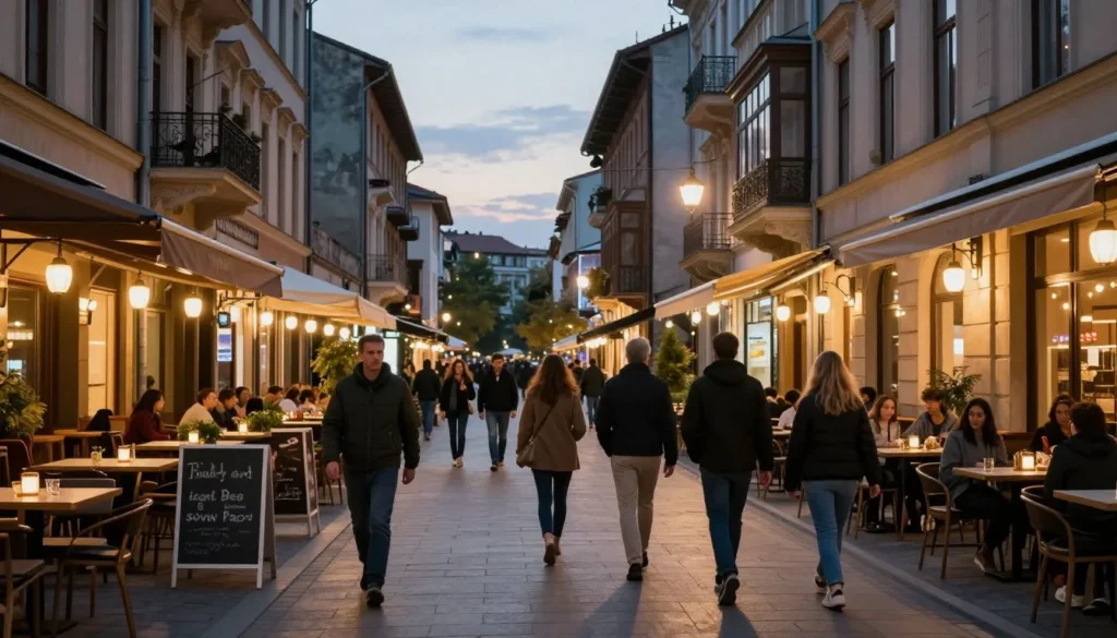 Well-lit pedestrian street in Bucharest at evening with people walking safely Well-lit pedestrian street in Bucharest at evening with people walking safely