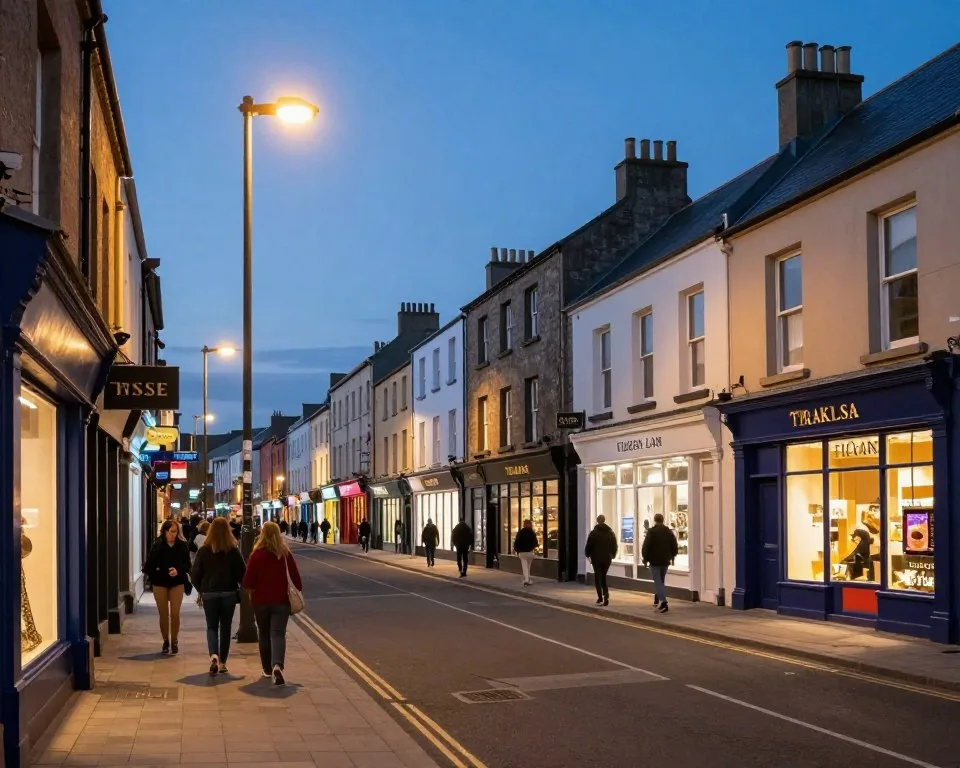 Well-lit street in Tralee town center at evening time with people Well-lit street in Tralee town center at evening time with people