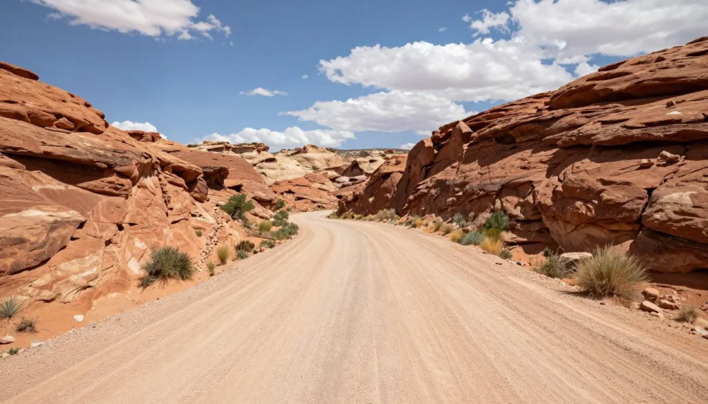 Well-maintained dirt road winding through Nine Mile Canyon with scenic cliff views Well-maintained dirt road winding through Nine Mile Canyon with scenic cliff views