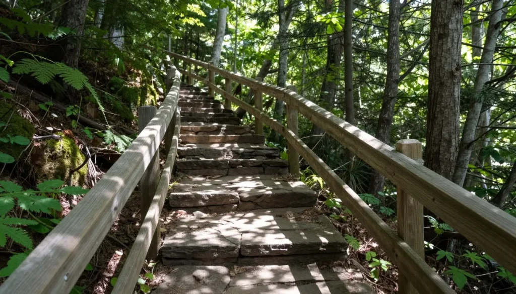 Well-maintained hiking trail with safety railings in North Carolina mountains Well-maintained hiking trail with safety railings in North Carolina mountains