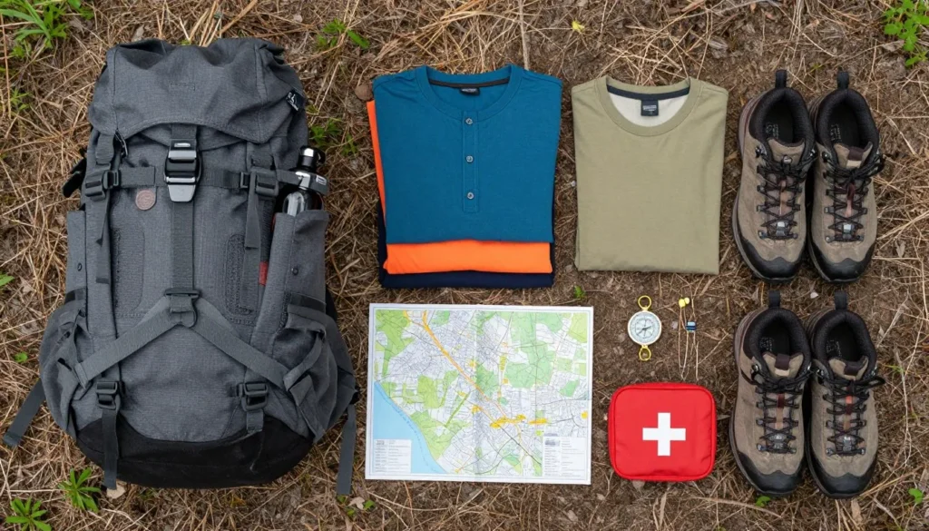 Well-organized camping and hiking gear laid out Well-organized camping and hiking gear laid out