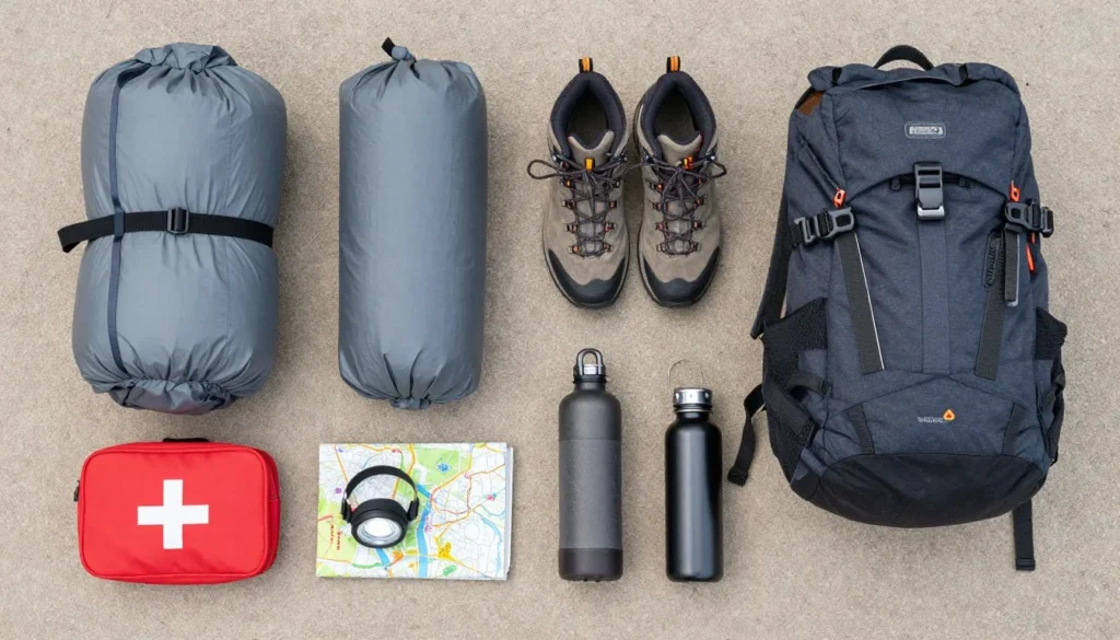Well-organized camping and outdoor gear laid out for river recreation trip Well-organized camping and outdoor gear laid out for river recreation trip