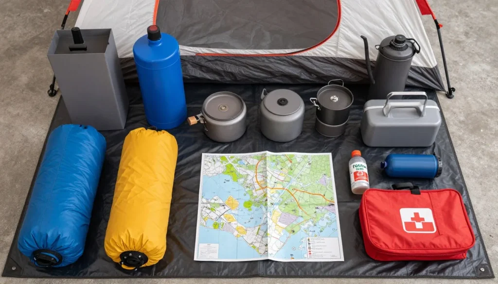 Well-organized camping gear and supplies laid out