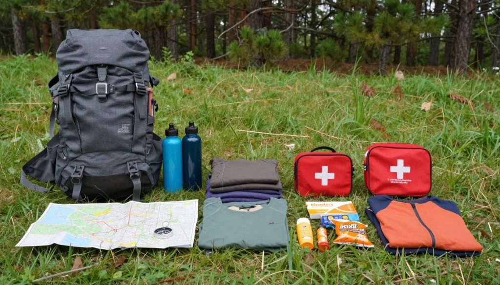 Well-organized hiking backpack with gear laid out on grass