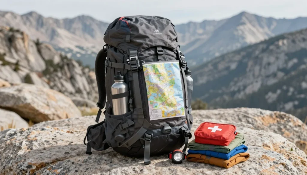 Well-organized hiking backpack with gear laid out on rock showing Sierra Nevada essentials Well-organized hiking backpack with gear laid out on rock showing Sierra Nevada essentials