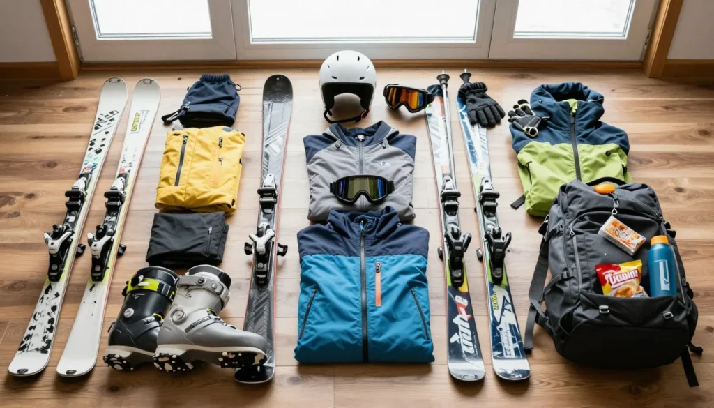 Well-organized ski gear and equipment laid out Well-organized ski gear and equipment laid out
