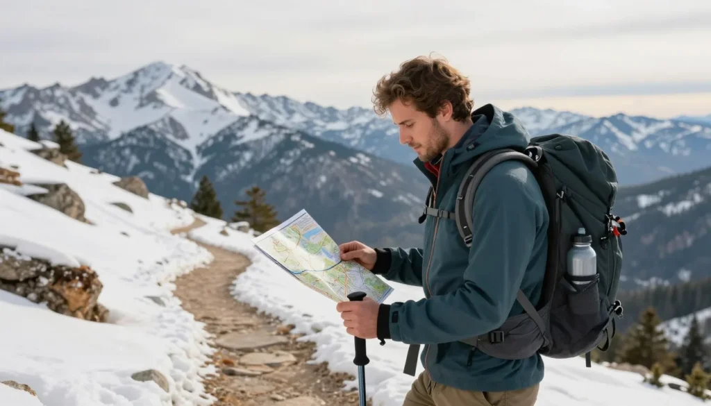 Well-prepared hiker checking map on mountain trail