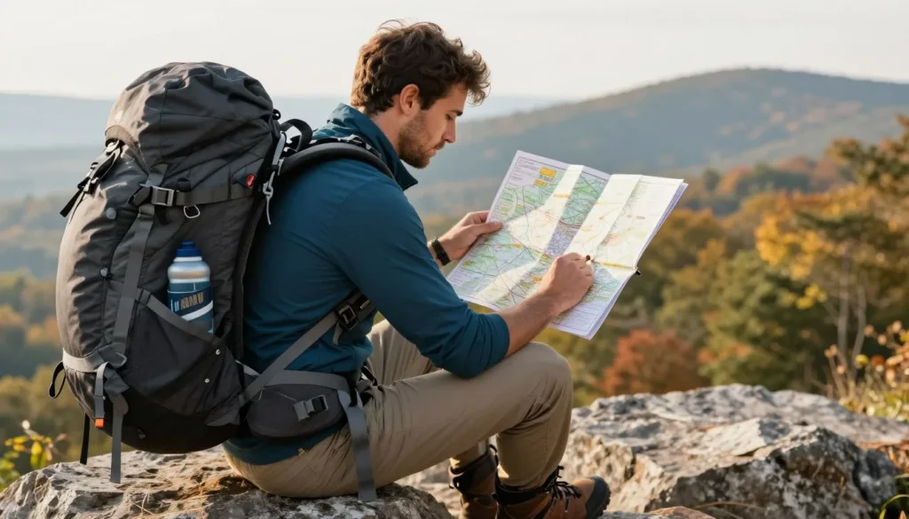 Well-prepared hiker checking trail map at Gar Island Tennessee trailhead Well-prepared hiker checking trail map at Gar Island Tennessee trailhead