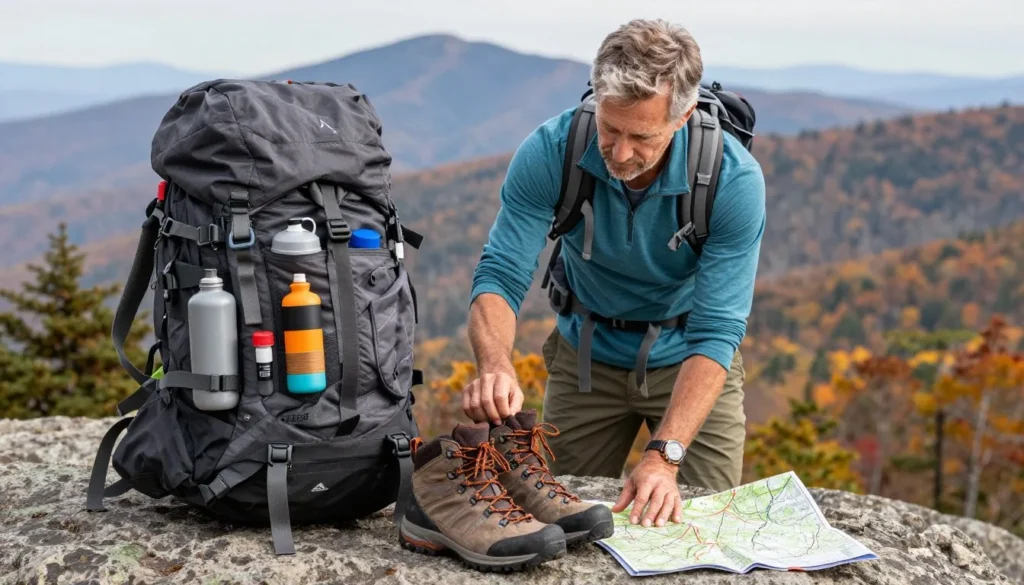 Well-prepared hiker with proper gear checking equipment before mountain trail Well-prepared hiker with proper gear checking equipment before mountain trail