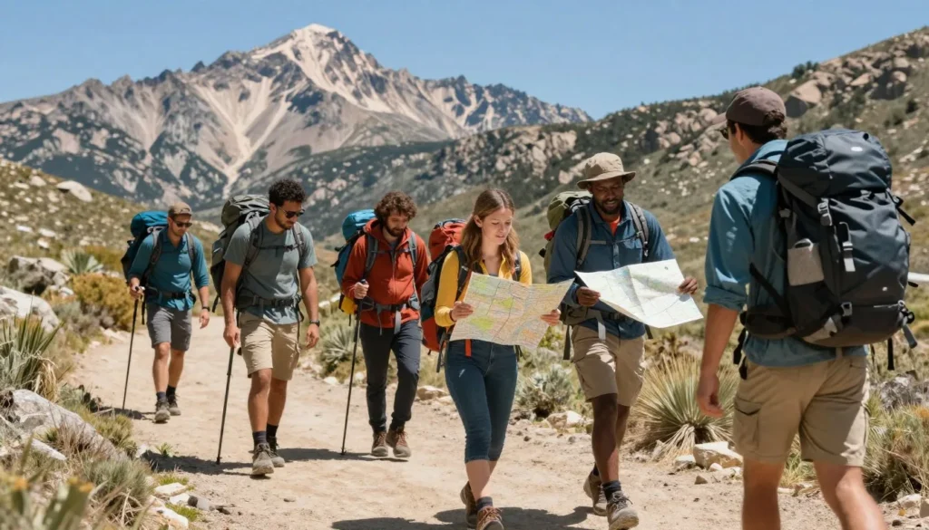 Well-prepared hikers checking trail map