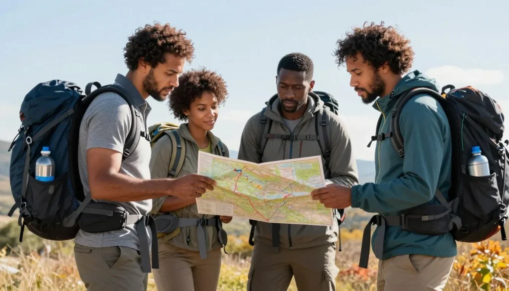Well-prepared hikers checking trail map at trailhead Well-prepared hikers checking trail map at trailhead