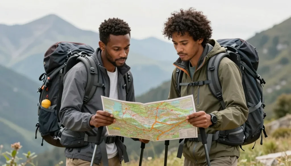 Well-prepared hikers with proper gear checking trail map on Mount Nebo