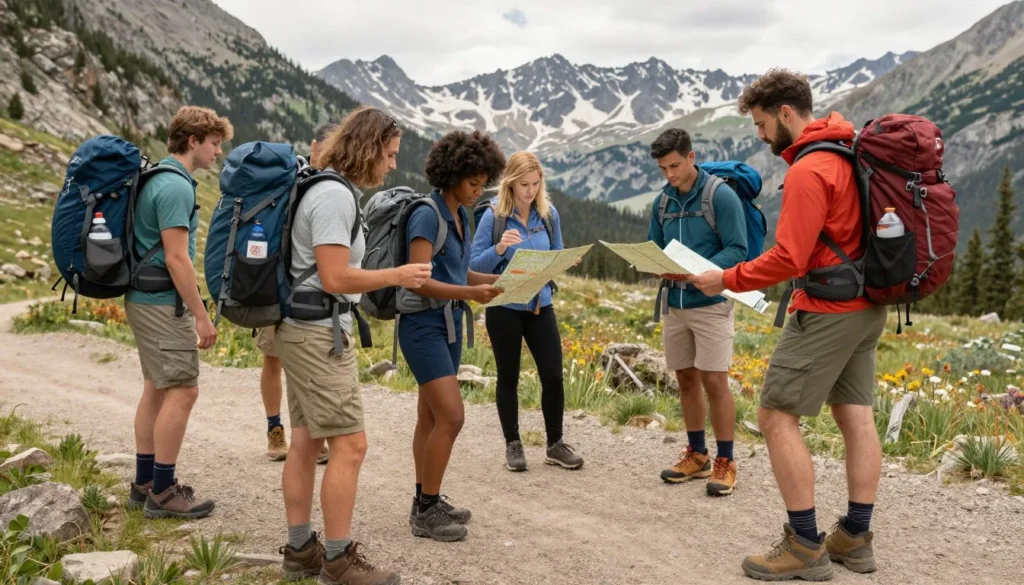 Well prepared hikers with proper safety equipment on trail near scenic byway Well prepared hikers with proper safety equipment on trail near scenic byway