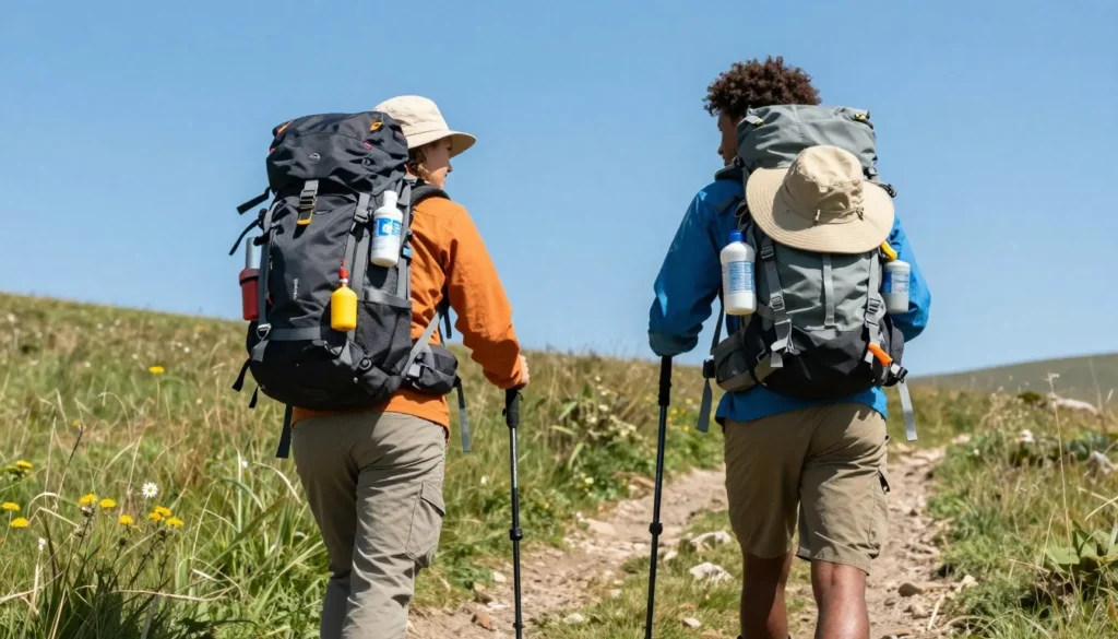 Well-prepared hikers with safety equipment and proper outdoor gear on Colorado trail Well-prepared hikers with safety equipment and proper outdoor gear on Colorado trail