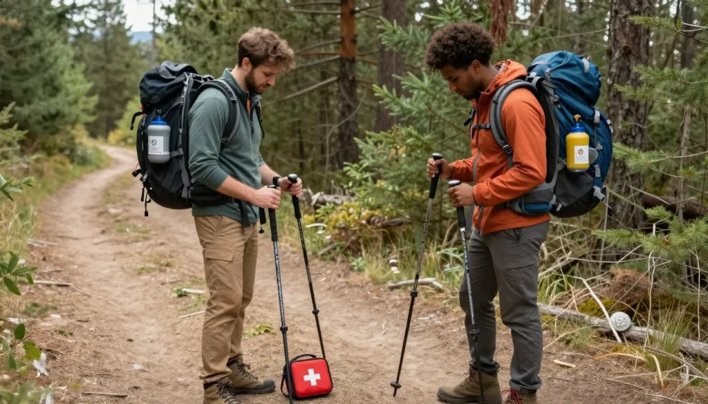 Well-prepared hikers with safety equipment at Staunton State Park Well-prepared hikers with safety equipment at Staunton State Park
