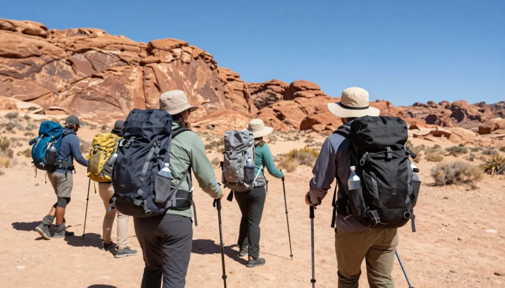 Well-prepared hikers with safety equipment in desert environment