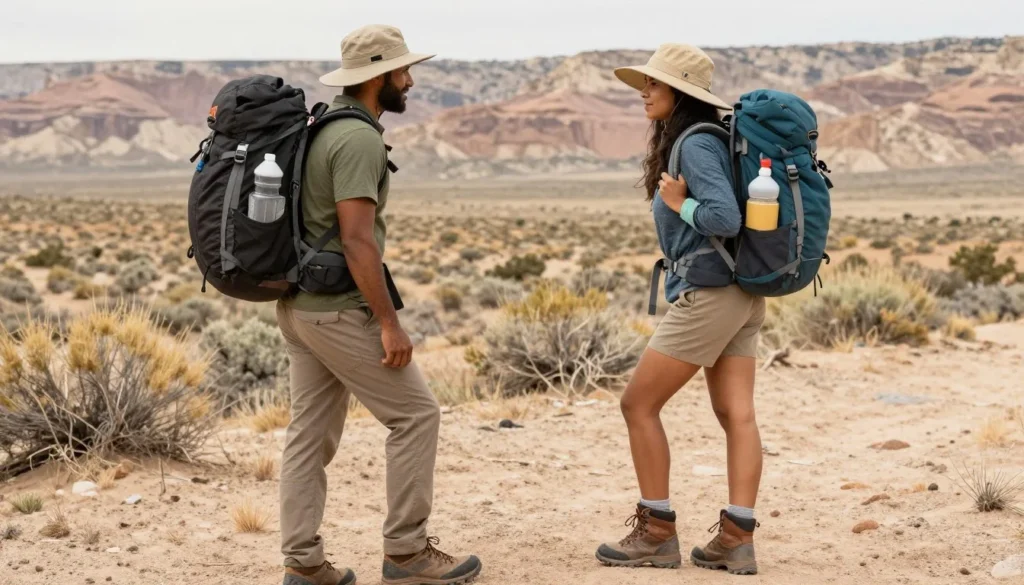 Well-prepared hikers with safety gear and supplies in desert environment Well-prepared hikers with safety gear and supplies in desert environment