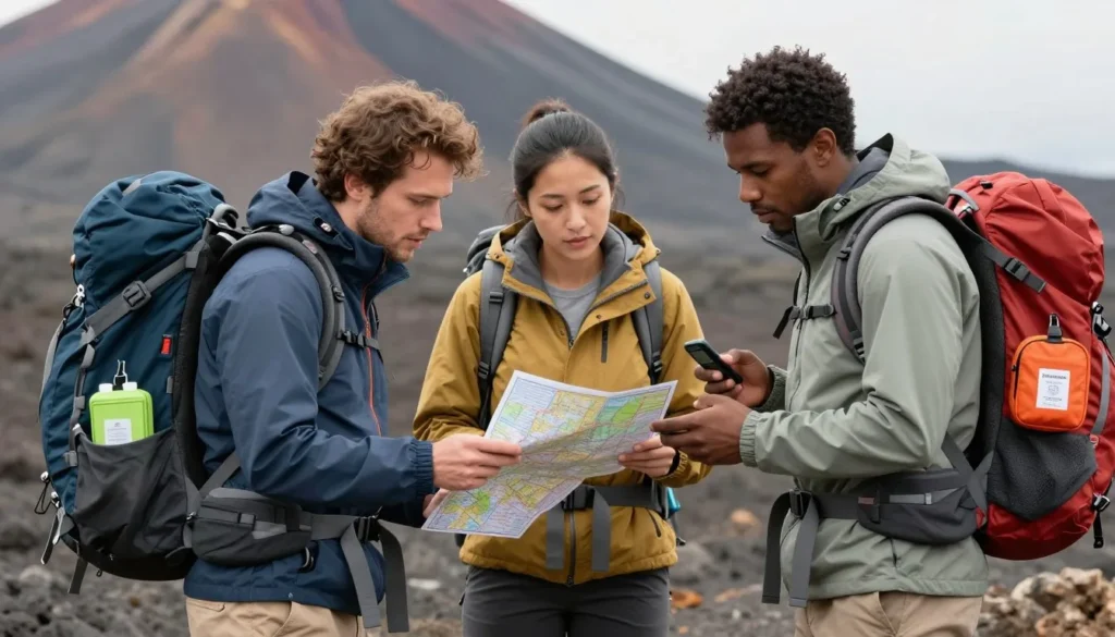 Well-prepared hikers with safety gear checking map Well-prepared hikers with safety gear checking map