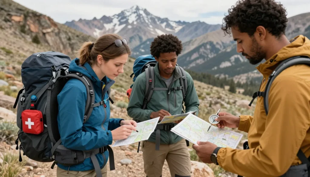 Well-prepared hikers with safety gear checking map in Nevada wilderness
