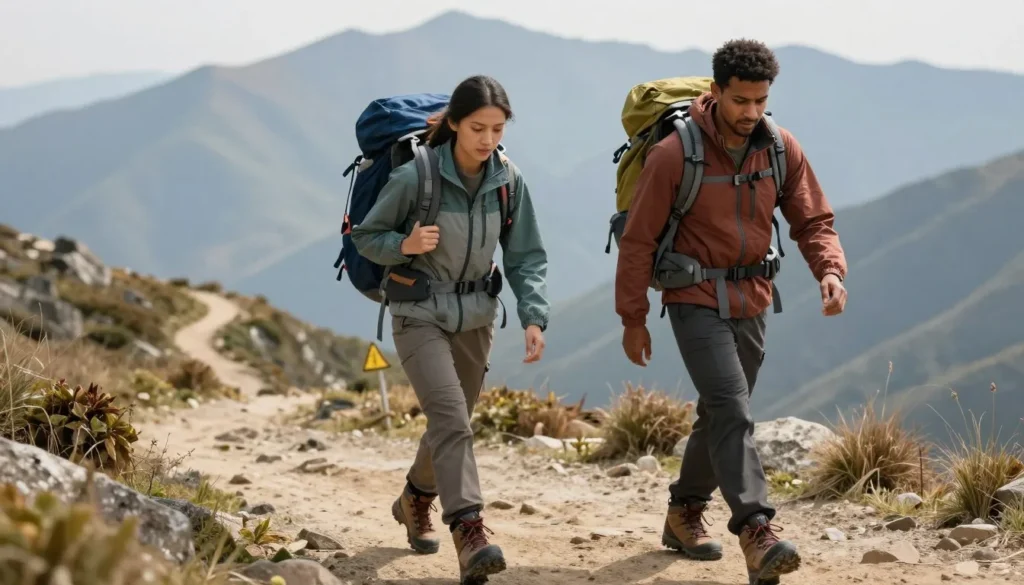 Well-prepared hikers with safety gear on mountain trail Well-prepared hikers with safety gear on mountain trail