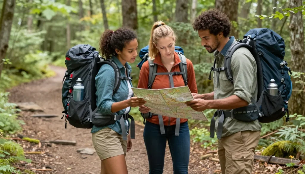 Well-prepared hikers with trail map in Great Smoky Mountains Well-prepared hikers with trail map in Great Smoky Mountains