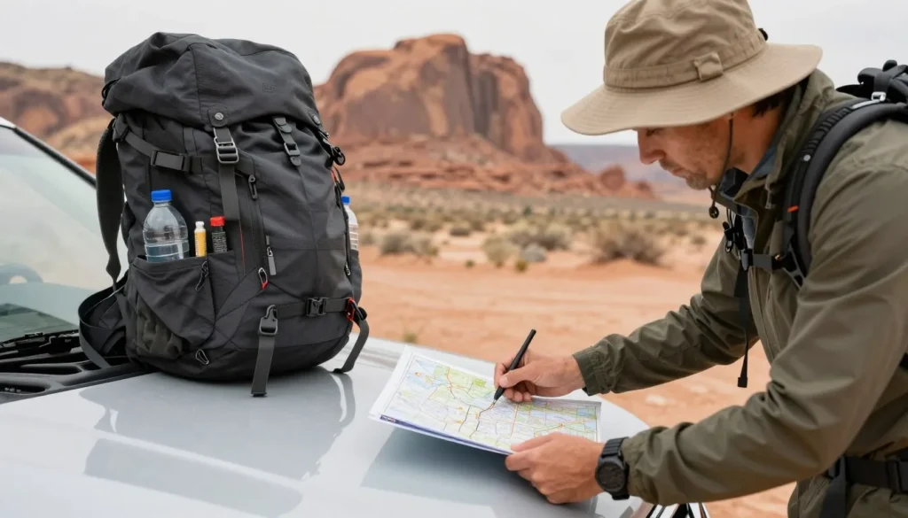Well-prepared traveler checking map and supplies