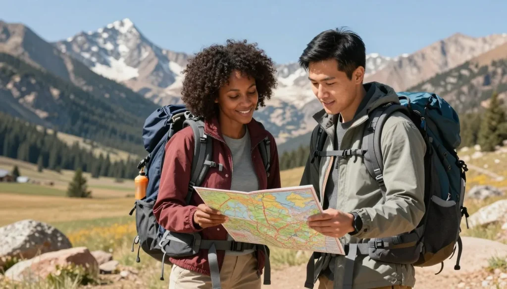 Well-prepared travelers consulting map at Rocky Mountain National Park trailhead Well-prepared travelers consulting map at Rocky Mountain National Park trailhead