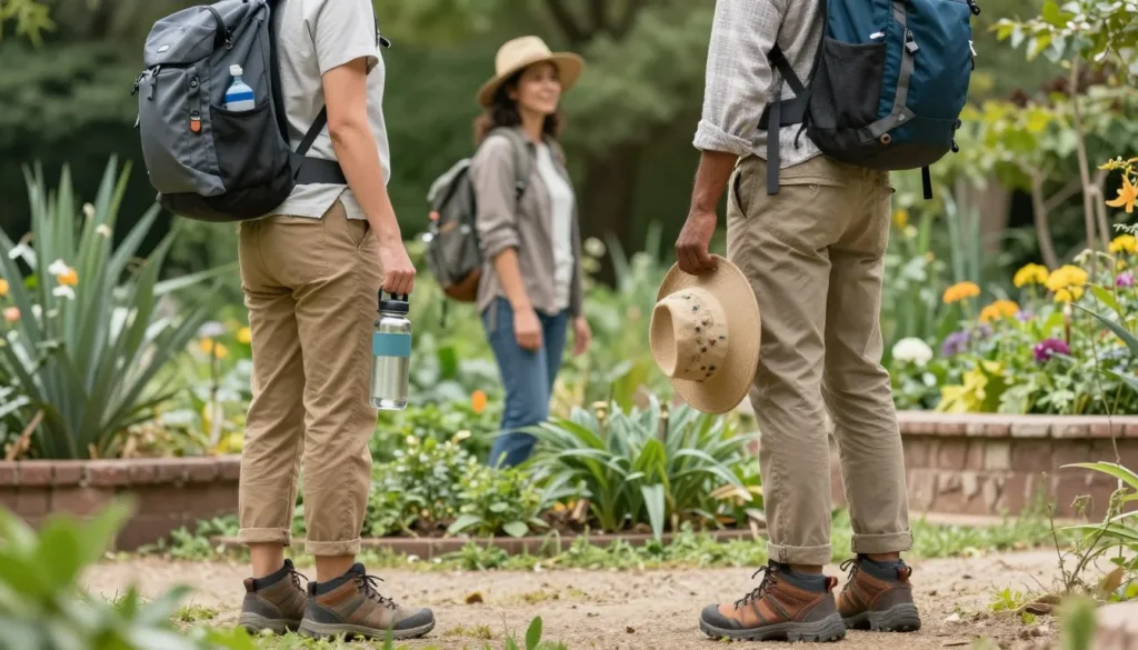 Well-prepared travelers with appropriate gear for garden visit Well-prepared travelers with appropriate gear for garden visit