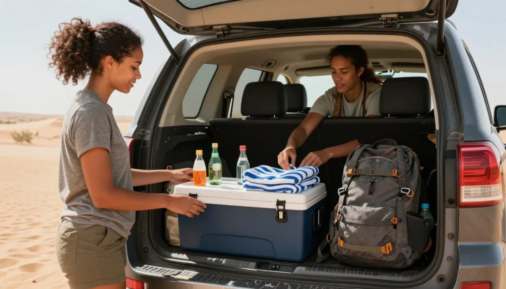 Well-prepared travelers with supplies for hot springs visit Well-prepared travelers with supplies for hot springs visit